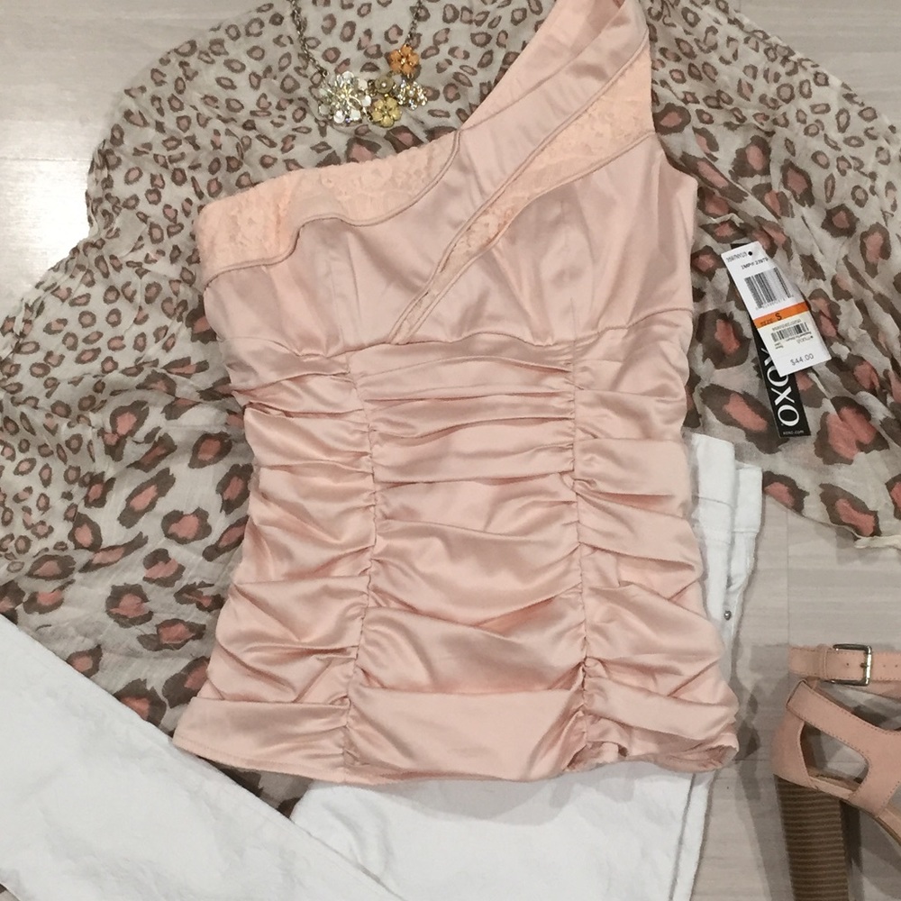 NWT XOXO one shoulder pale pink ruched top size S